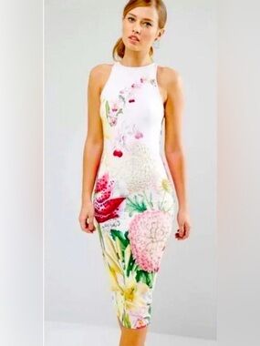 Ted Baker Encyclopaedia White Floral Halter Midi Dress | Sz EU 3 | US 8